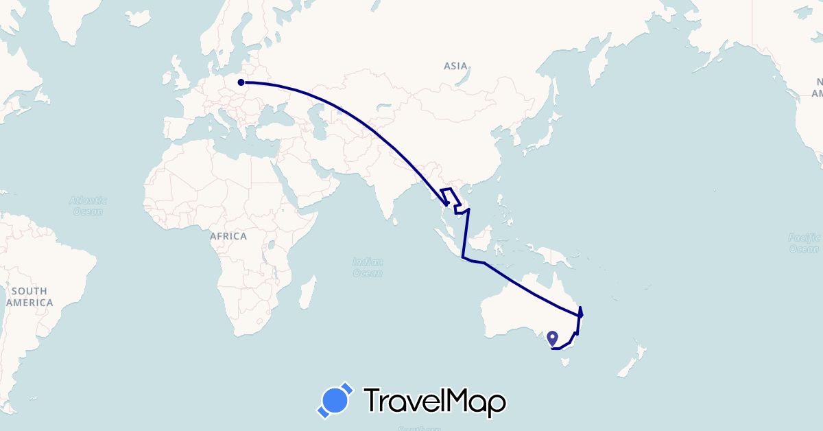 TravelMap itinerary: driving in Australia, Indonesia, Cambodia, Laos, Poland, Thailand, Vietnam (Asia, Europe, Oceania)